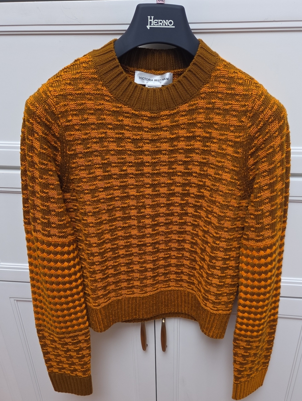Victoria Beckham Women's Two-Tone Orange Cropped Knit Crewneck Sweater (S)